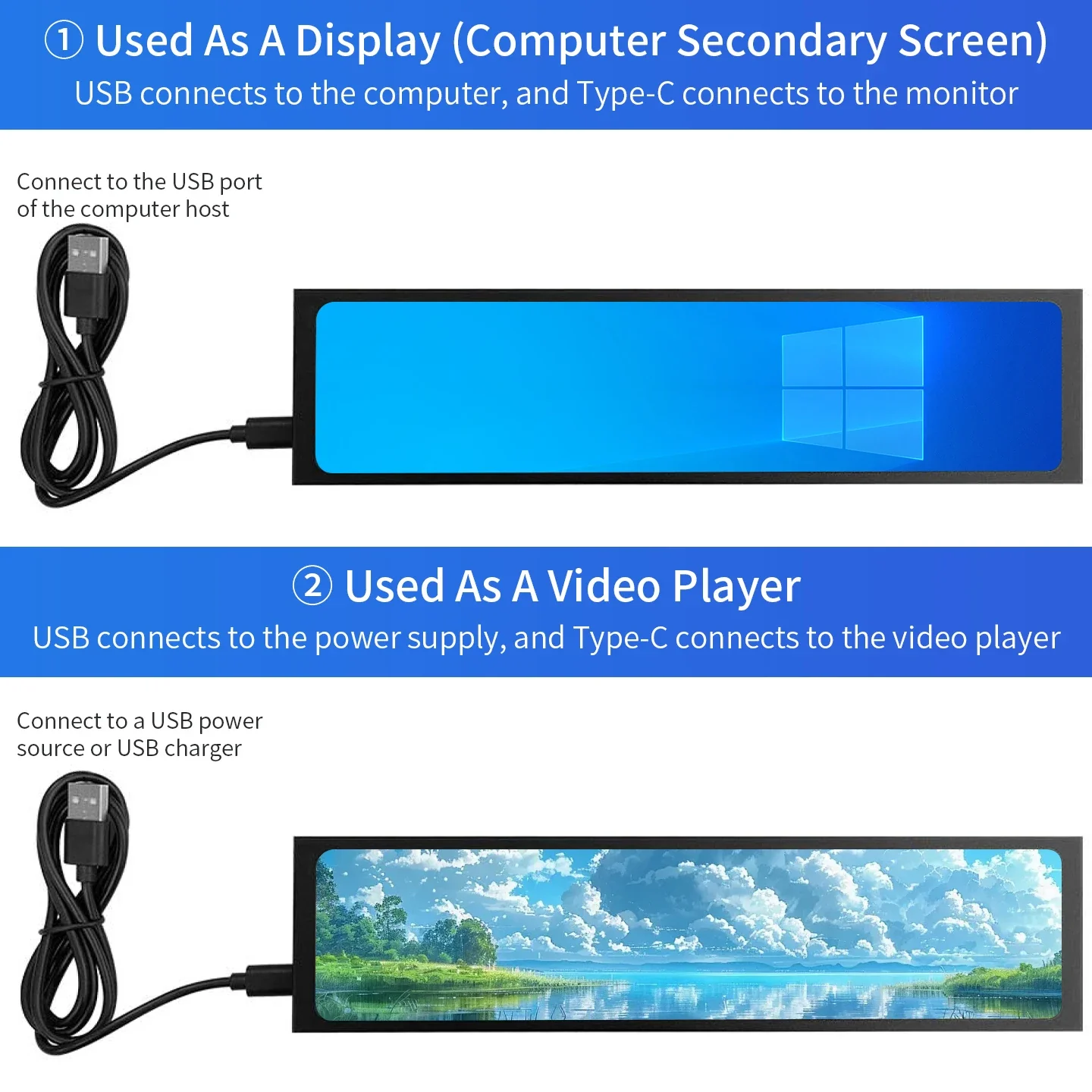 11.26 Inch USB Type-C Secondary Screen IPS 1920x440 Display Video Player Electronic Photo Album 170 ° Wide View Monitor for PC - Image 3