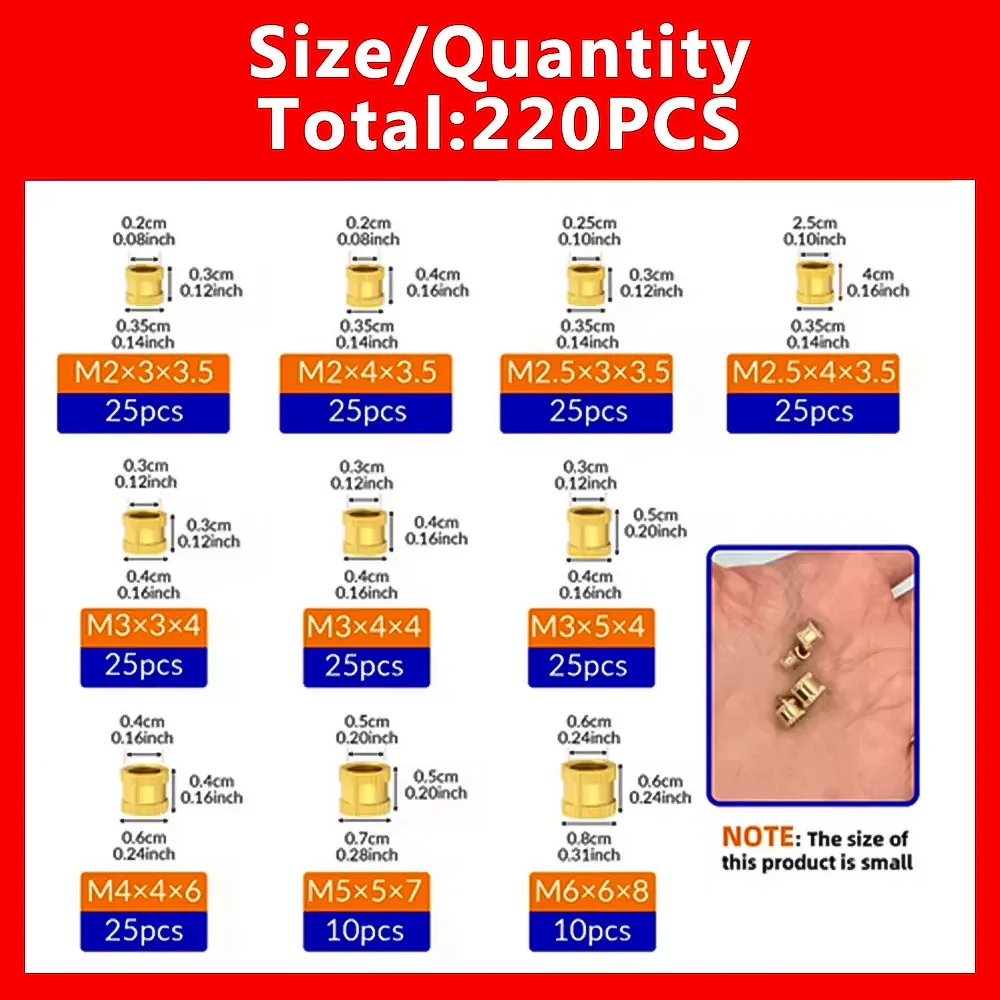 220PCS/1 SetM2 M2.5 M3 M4 M5 M6 Brass Heat Insert Nut Hot Melt Nutinsert Thread Knurled Double Twill Embedment Nuts - Image 2