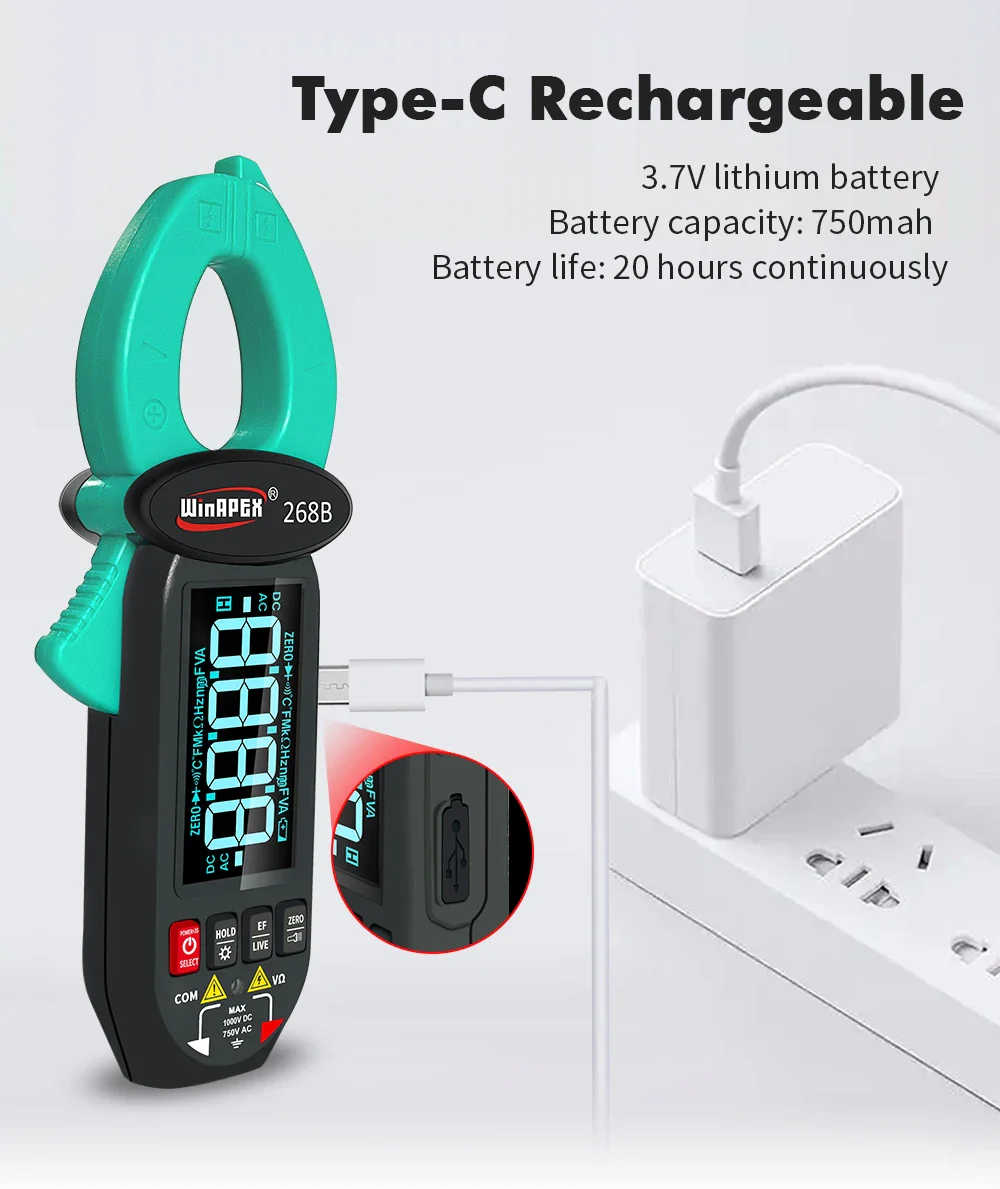 268B Digital Clamp Meter 60A 1000V AC DC Current Clamp True RMS Clamp Amperemeter Voltmeter Diode Temperature Capacitance Tester - Image 5