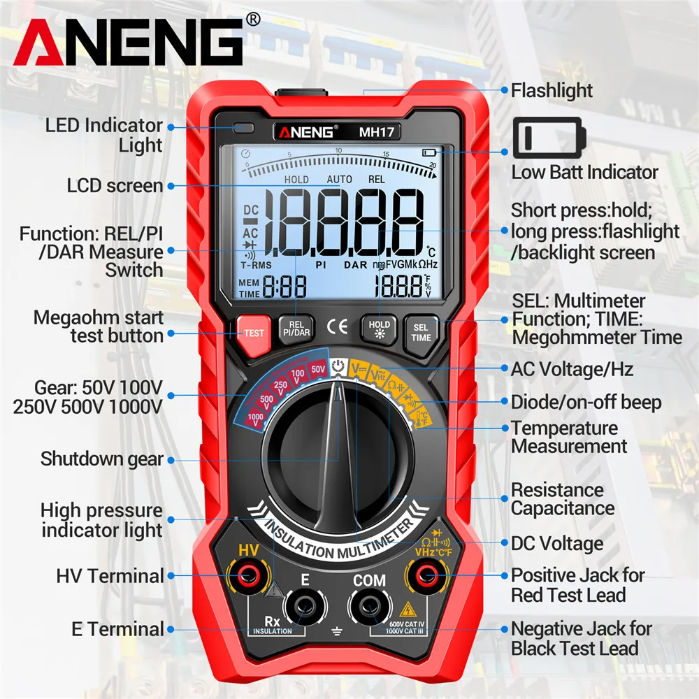 2in1 Insulation Resistance Digital Multimeter Rechargeable MH17 AC/DC Voltage True RMS 19999 Counts Tester tools - Image 5
