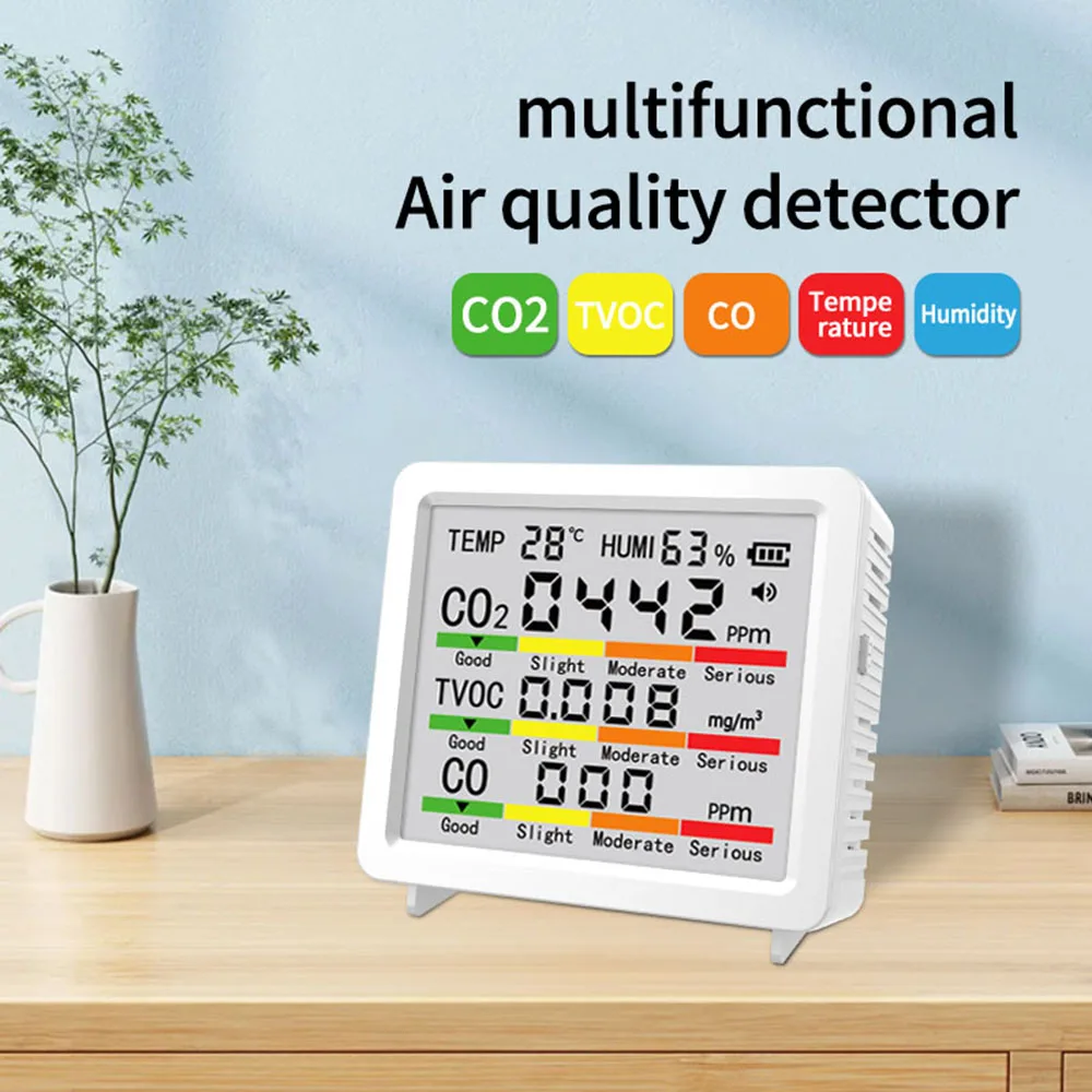 5-in-1 Air Quality Detector Temperature Humidity Meter CO2 HCHO TVOC Air Quality Monitor Tester Tool Large Screen Display - Image 2