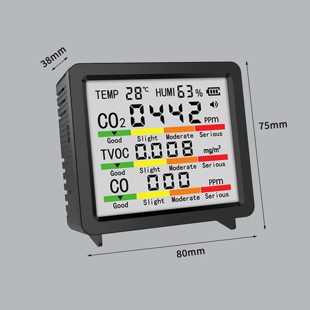 5-in-1 Air Quality Detector Temperature Humidity Meter CO2 HCHO TVOC Air Quality Monitor Tester Tool Large Screen Display - Image 8