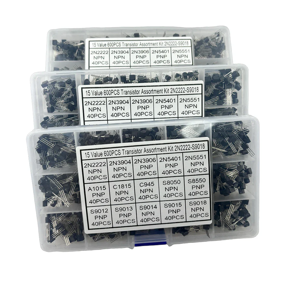 600pcs Transistor Kit  A1015 C1815 C945 S8050 S8850 2N2222 2N3904 2N3906 2N5401 2N5551 PNP NPN S9012-S9015 S9018 15 Kinds - Image 3