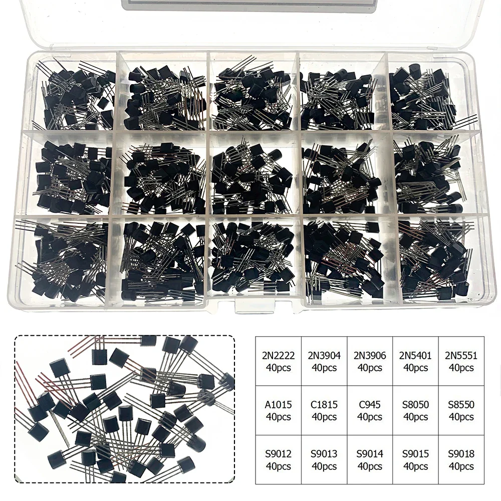 600pcs Transistor Kit  A1015 C1815 C945 S8050 S8850 2N2222 2N3904 2N3906 2N5401 2N5551 PNP NPN S9012-S9015 S9018 15 Kinds - Image 6