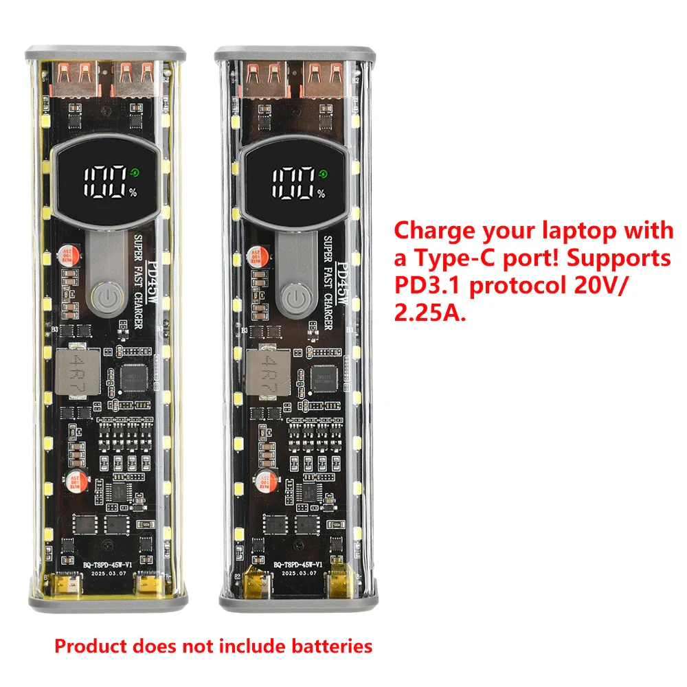 8*18650 Battery Case PD 45W Super Fast Charging Transparent Rechargeable Case Weldless Box With Outdoor Light - Image 6