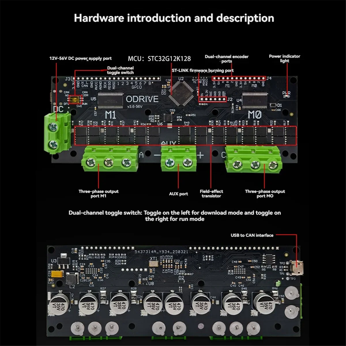 A72Z ODrive3.6 56V FOC-BLDC Servo Dual Motor Controller STM32F4 Support Multiple Encoder ODrive3.6 Motor Control Board 12-56V - Image 3