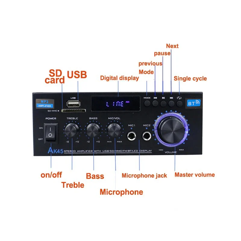 AK45 HiFi Digital Bluetooth Audio Amplifier MP3 Channel 2.0 Sound Power AMP stereo Home Automotive Car for Speakers MAX 350W*2 - Image 2