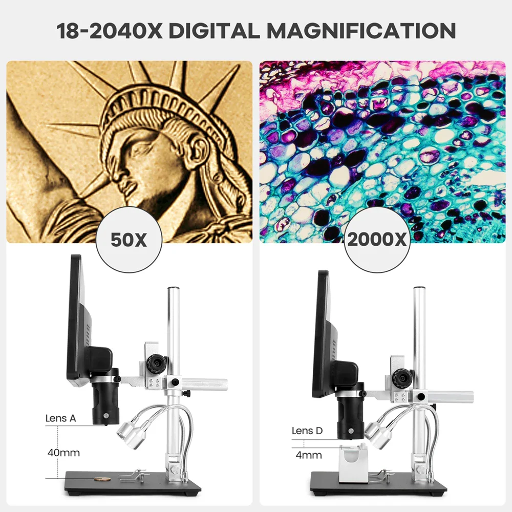 Andonstar AD249S-M 10.1'' IPS LCD UHD 2160P HDMI Digital Microscope 2000X with 3 Lens for PCB Phone Repair Soldering Microscopio - Image 6