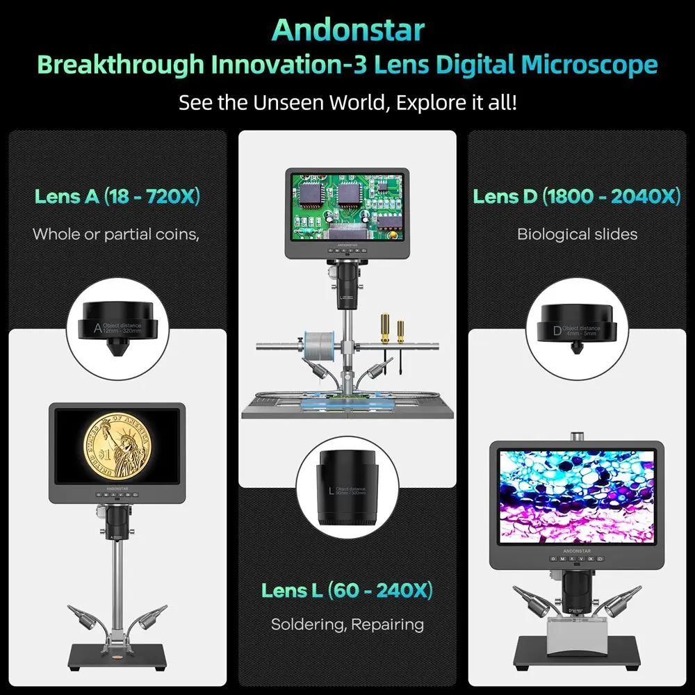 Andonstar AD249SM-Plus HDMI Digital Microscope 2000X  10.1'' IPS Screen for PCB/SMD Soldering Microscope Phone Watch Repairing - Image 2