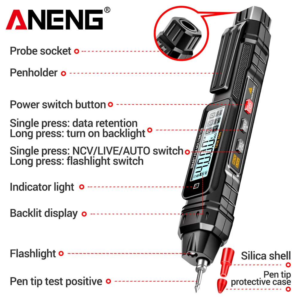 ANENG A3005 Digital Professional Multimeter Pen Testers AC/DC Voltage Meter Live Zero Line Detector Buzzer Ohm Tester Tools - Image 3