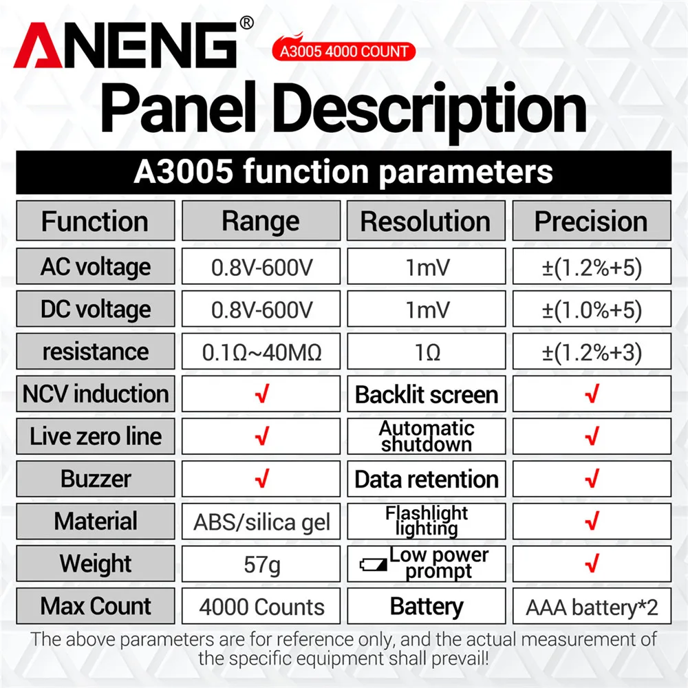 ANENG A3005 Digital Professional Multimeter Pen Testers AC/DC Voltage Meter Live Zero Line Detector Buzzer Ohm Tester Tools - Image 4