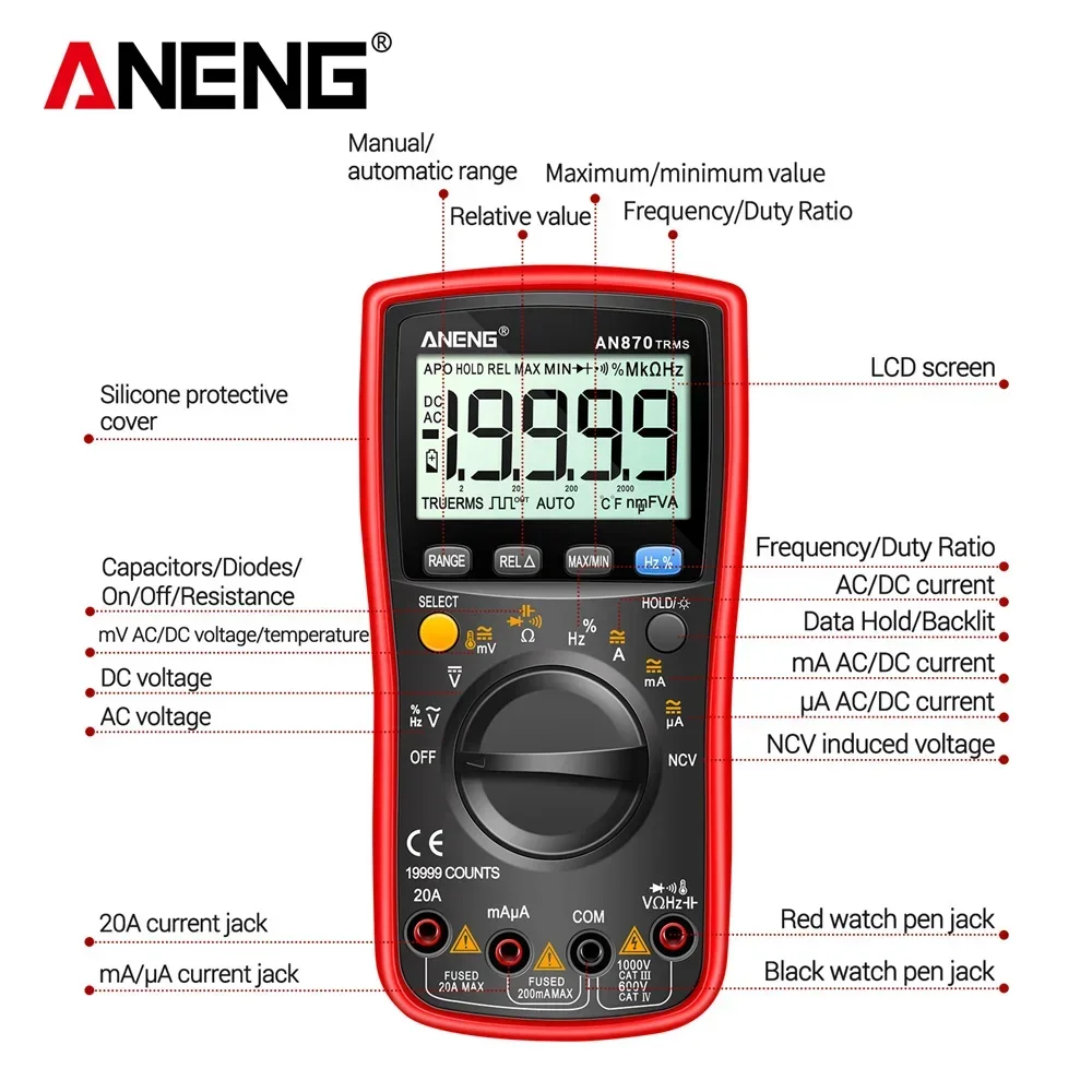 ANENG AN870 Digital Multimeter Profesional 19999 Counts  AC/Voltage Current NCV Capacitance Resistance Ohm Auto Range Test Tool - Image 3