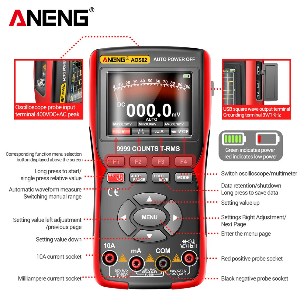 ANENG AOS02 Digital Oscilloscope 48MS/s Sampling Rate 10MHZ Analog Transistor Test Multimeter Bandwidth Support Waveform Storage - Image 6