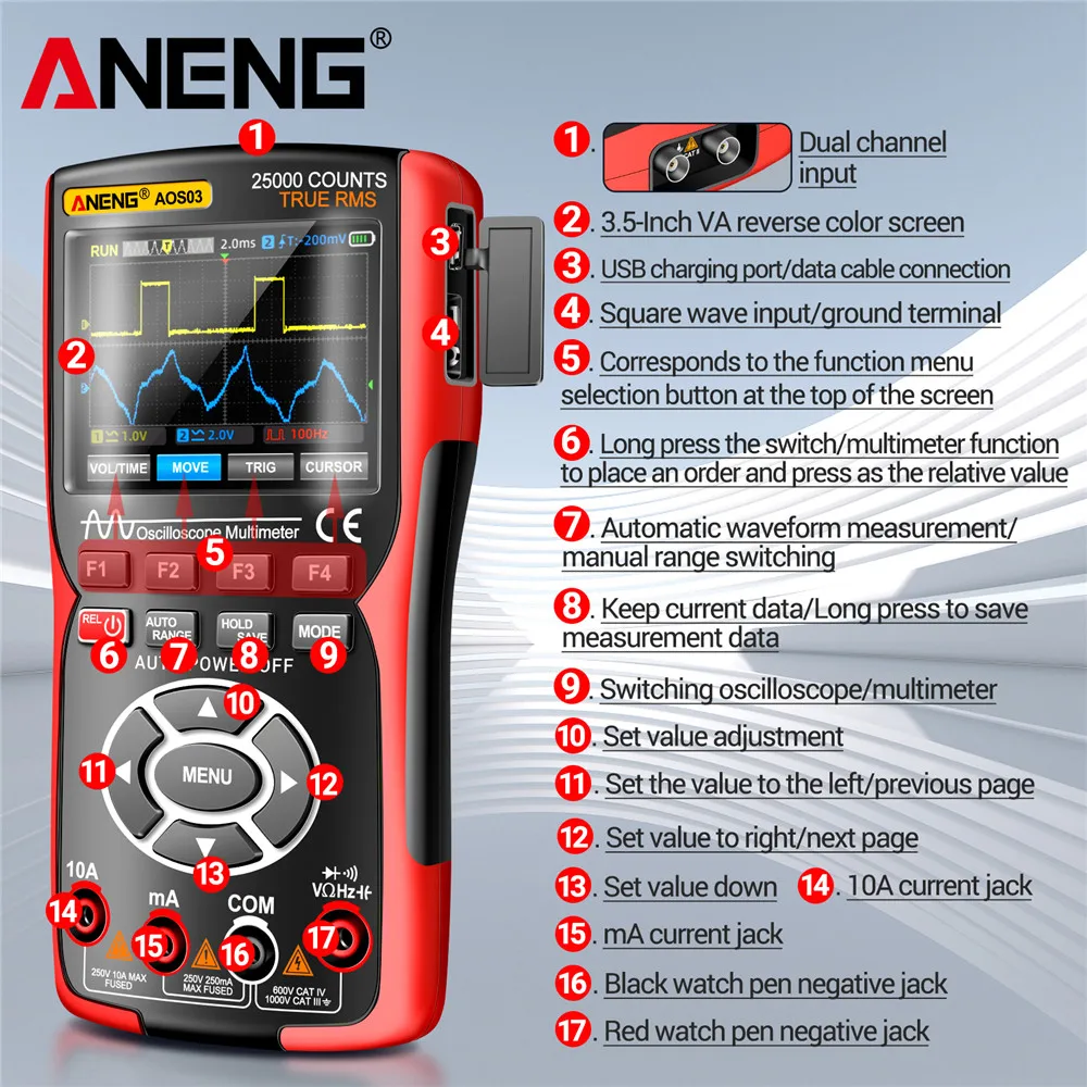 ANENG AOS03 Digital Multimeter 280MS Rate PC Waveform 50MHz Bandwidth Data Storage Dual Oscilloscope Signal Generator Tools - Image 6