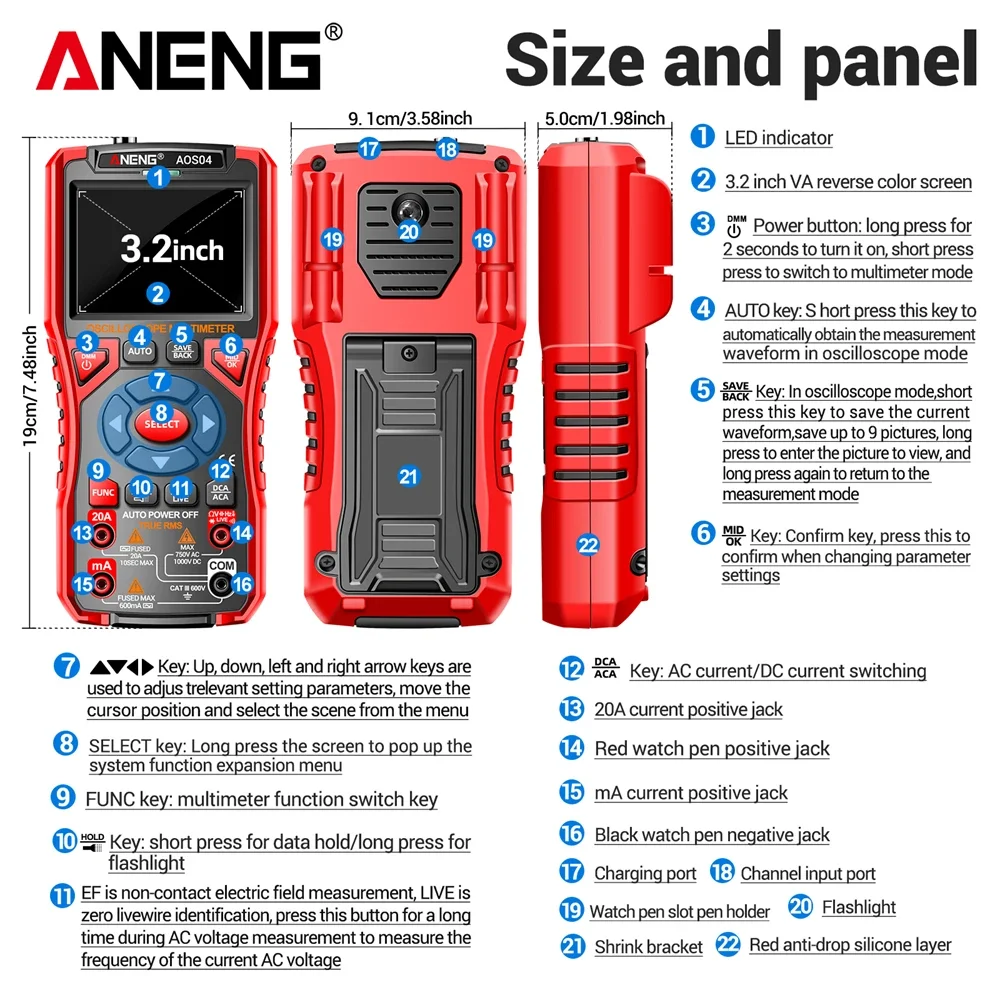 ANENG AOS04 Handheld Oscilloscope Multimeter Digital 50MS/s Sampling Rate Bandwidth Waveform AC Voltage Capacitance Ohm Test Too - Image 5