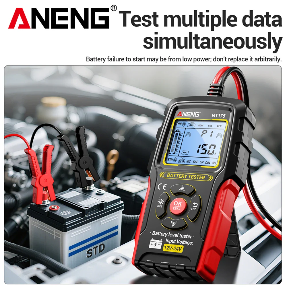 ANENG BT175 12V 24V Car Battery Tester Digital Alternator Automotive Analyzer Display Screen With Insulated Alligator Clip Tools - Image 2