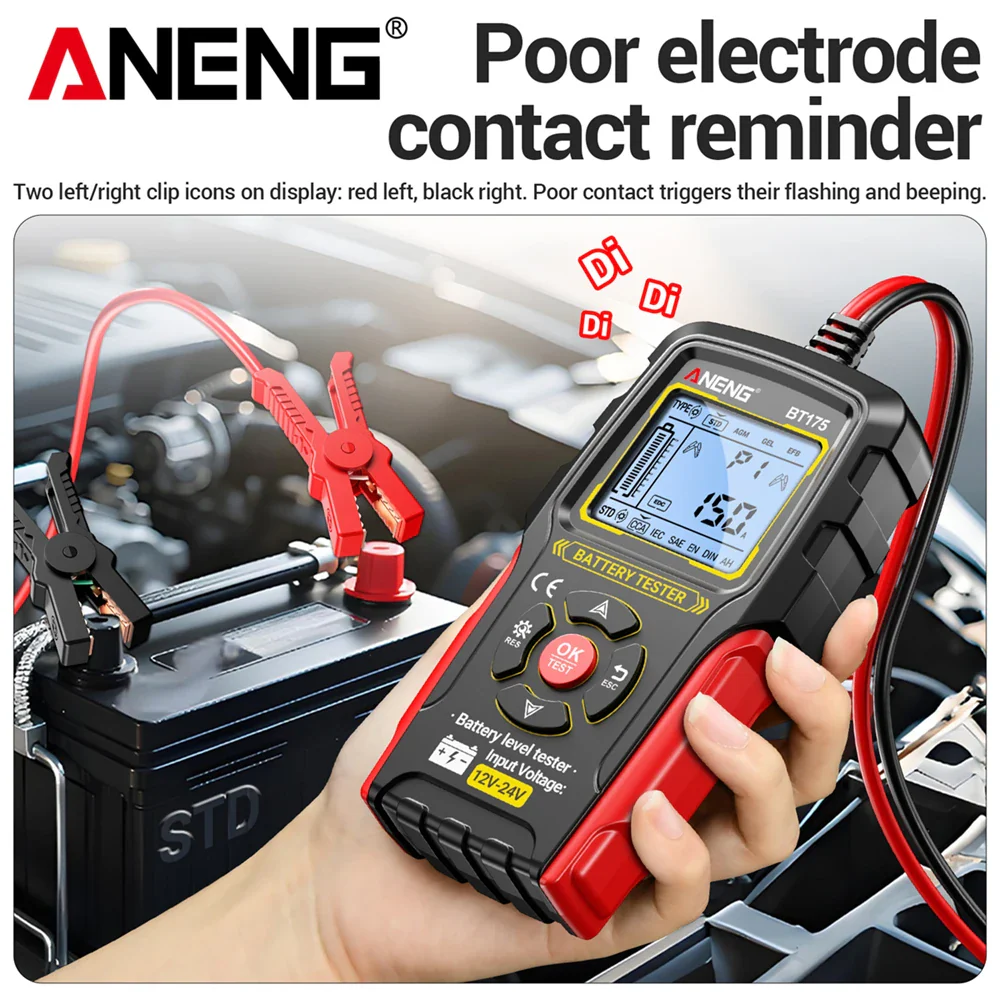 ANENG BT175 12V 24V Car Battery Tester Digital Alternator Automotive Analyzer Display Screen With Insulated Alligator Clip Tools - Image 3