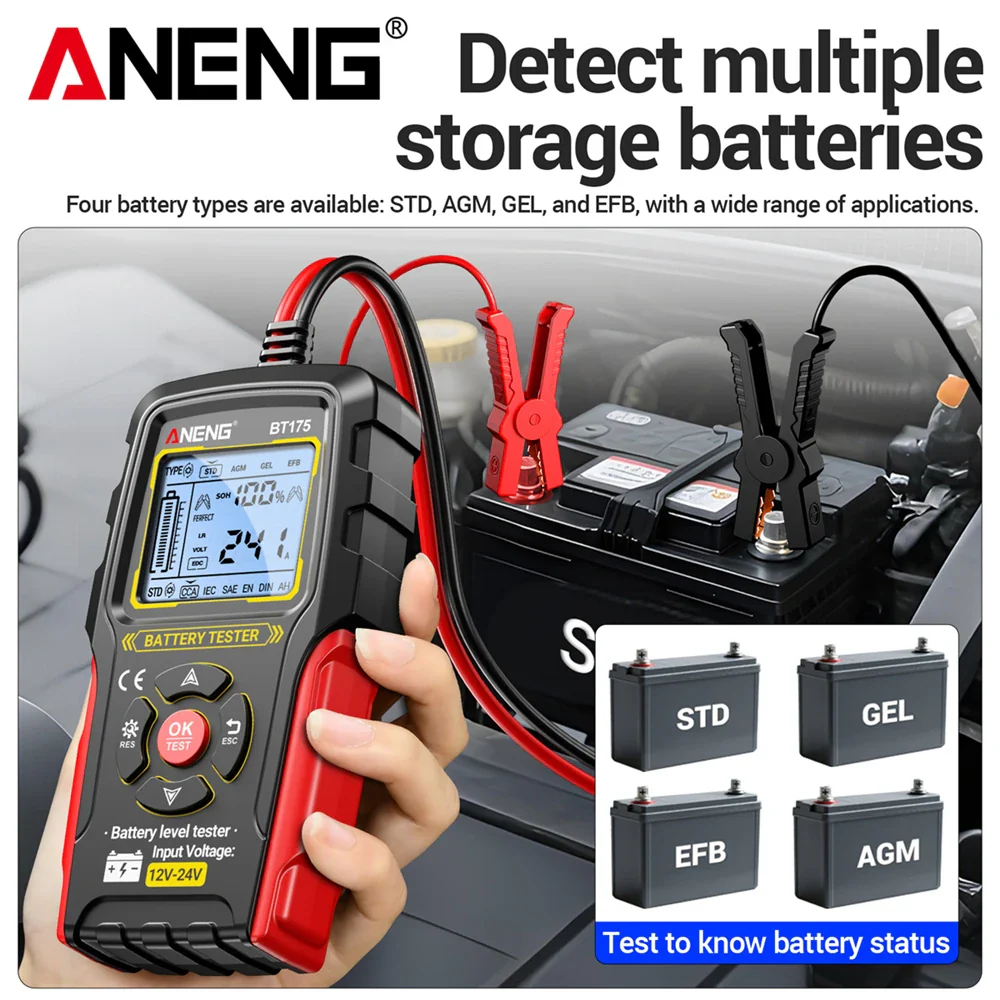ANENG BT175 12V 24V Car Battery Tester Digital Alternator Automotive Analyzer Display Screen With Insulated Alligator Clip Tools - Image 4
