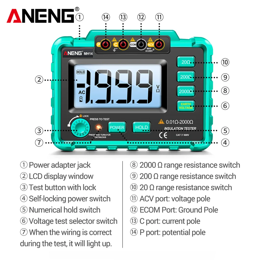 ANENG MH14 Digital Megohmmeter Insulation Resistance Meter AC 200V Voltage Professional Multimeter Ground Voltmeter Ohm Tester - Image 3