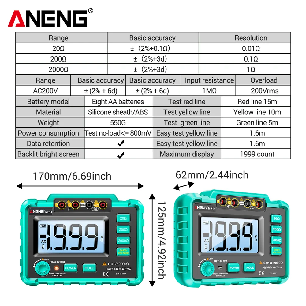ANENG MH14 Digital Megohmmeter Insulation Resistance Meter AC 200V Voltage Professional Multimeter Ground Voltmeter Ohm Tester - Image 5