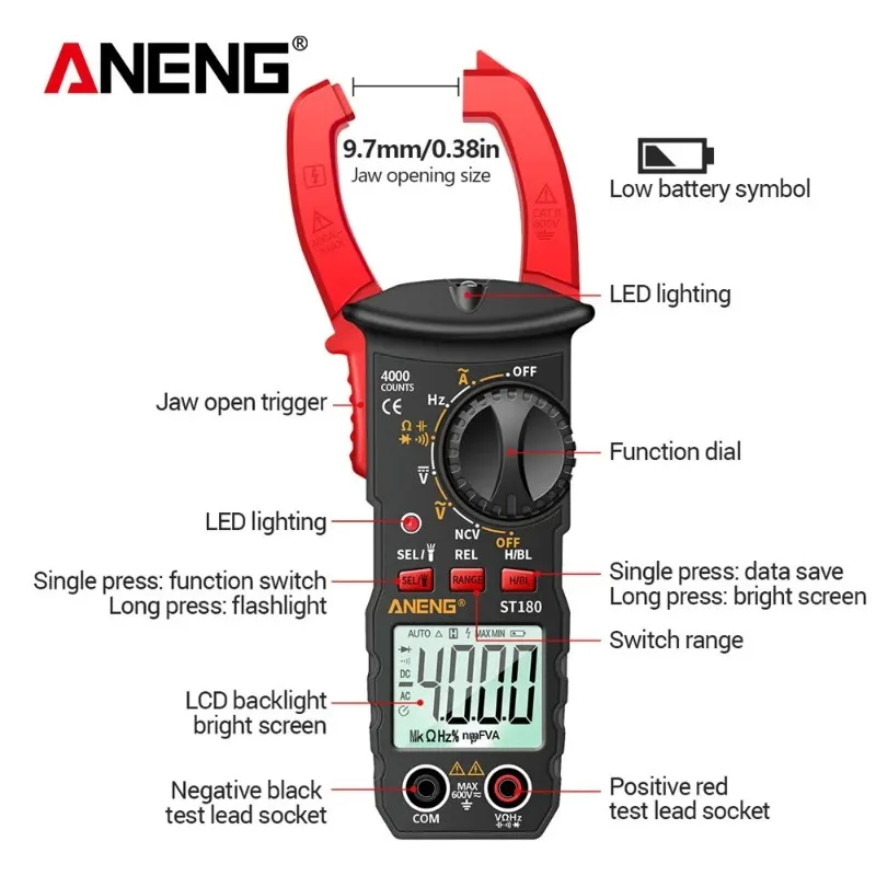 ANENG ST180 Digital Clamp Meter 4000 Counts Ammeter Voltage Multimeter AC Current Tester Car Test Capacitance NCV Ohmmer Tools - Image 5