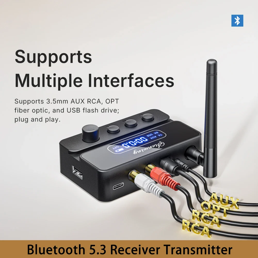 Bluetooth 5.3 Transmitter Receiver HiFi OPT Optical /AUX 3.5mm/RCA/USB/U-Disk 15M Range 400mAh RX/TX 2-in-1 For TV PC Speaker - Image 3