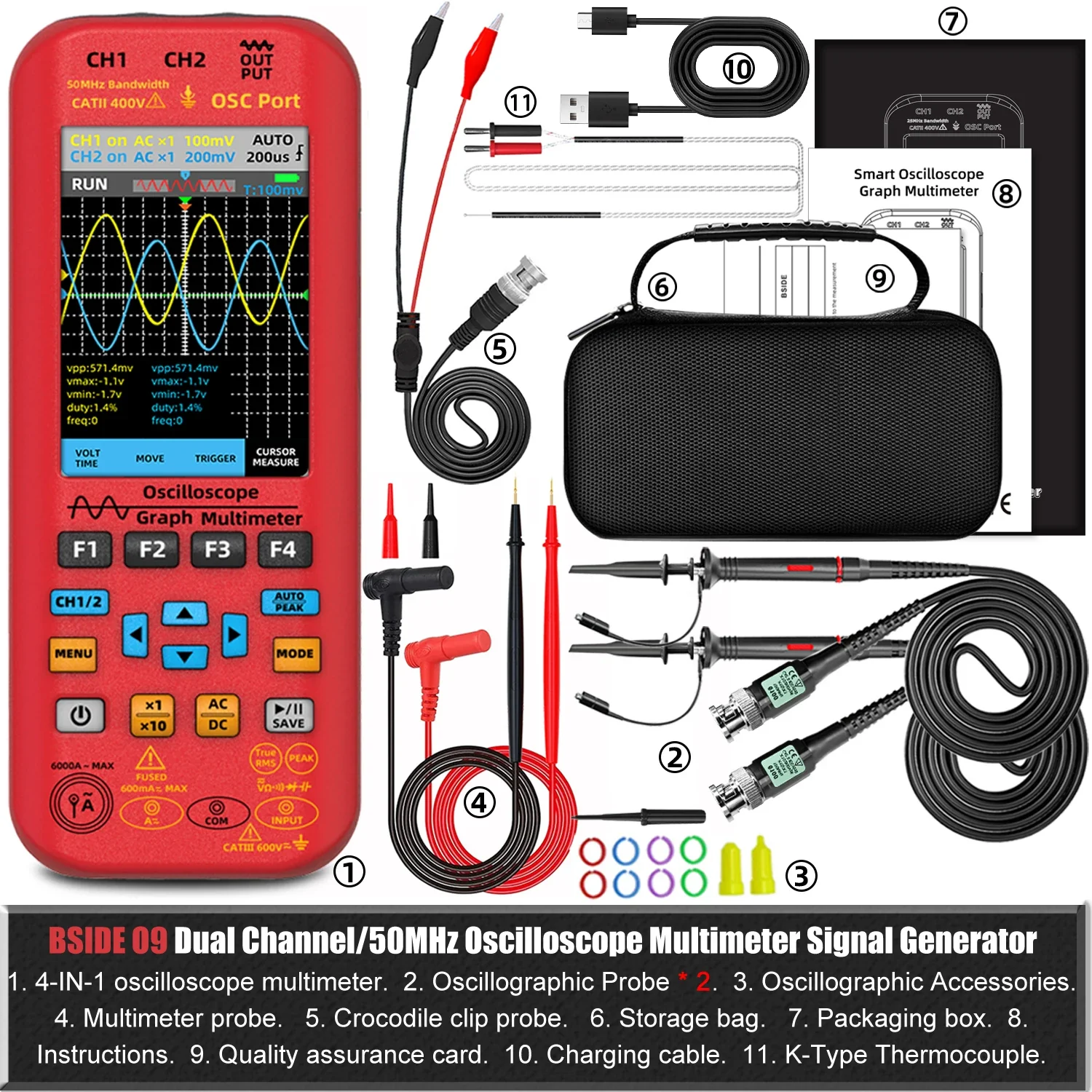 BSIDE 4-IN-1 Handheld Oscilloscope Digital Multimeter+Function Signal Generator Dual Channel O7:25MHz/O9:50MHz Current Tester - Image 10