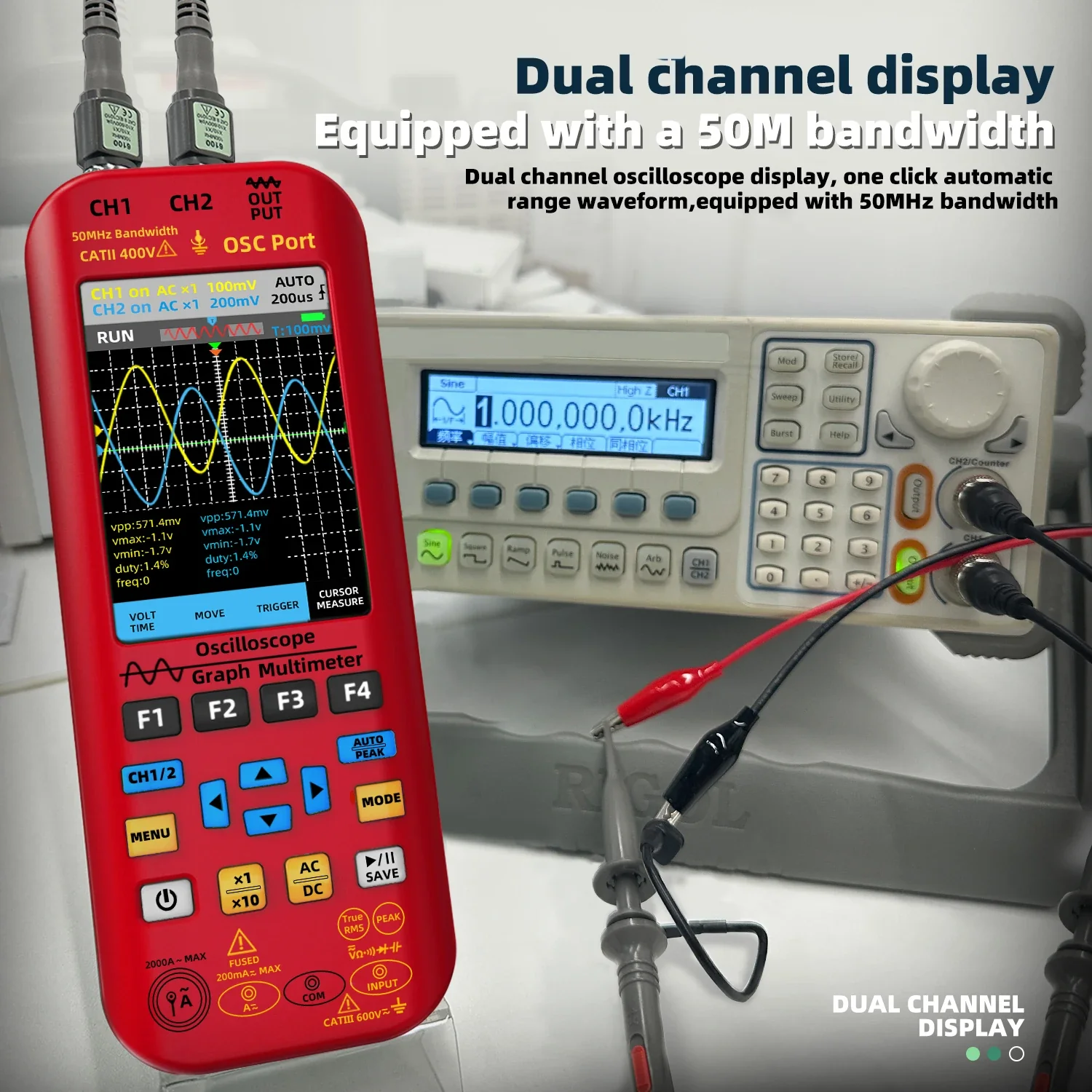 BSIDE 4-IN-1 Handheld Oscilloscope Digital Multimeter+Function Signal Generator Dual Channel O7:25MHz/O9:50MHz Current Tester - Image 3