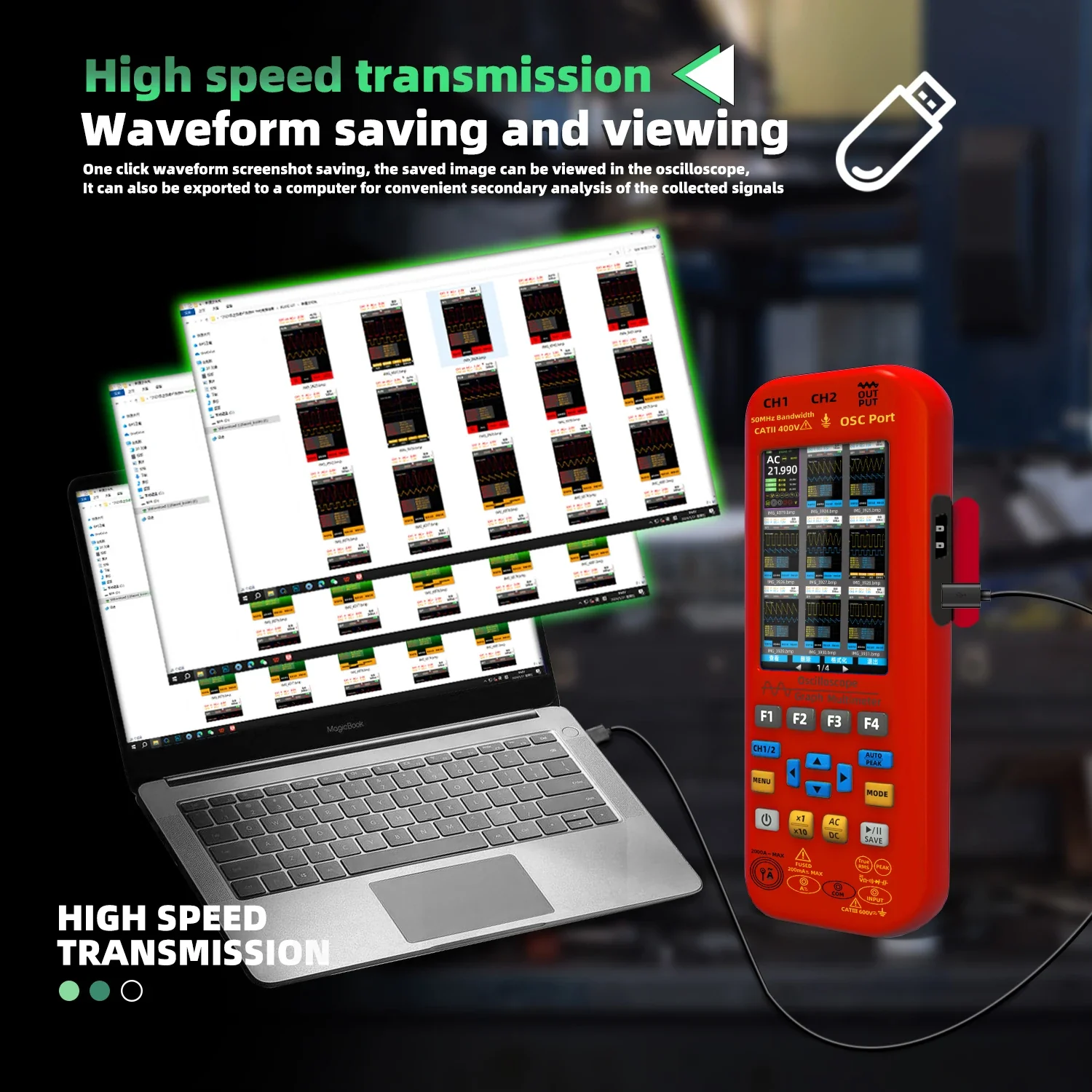 BSIDE 4-IN-1 Handheld Oscilloscope Digital Multimeter+Function Signal Generator Dual Channel O7:25MHz/O9:50MHz Current Tester - Image 5