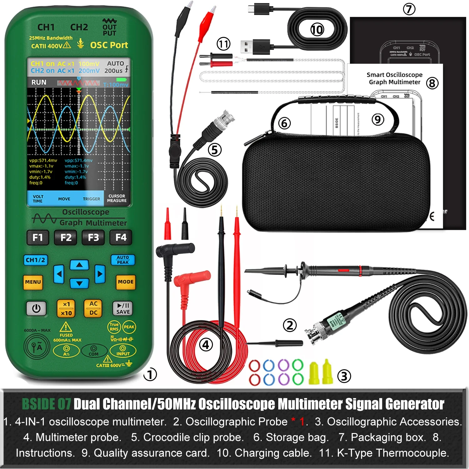 BSIDE 4-IN-1 Handheld Oscilloscope Digital Multimeter+Function Signal Generator Dual Channel O7:25MHz/O9:50MHz Current Tester - Image 7