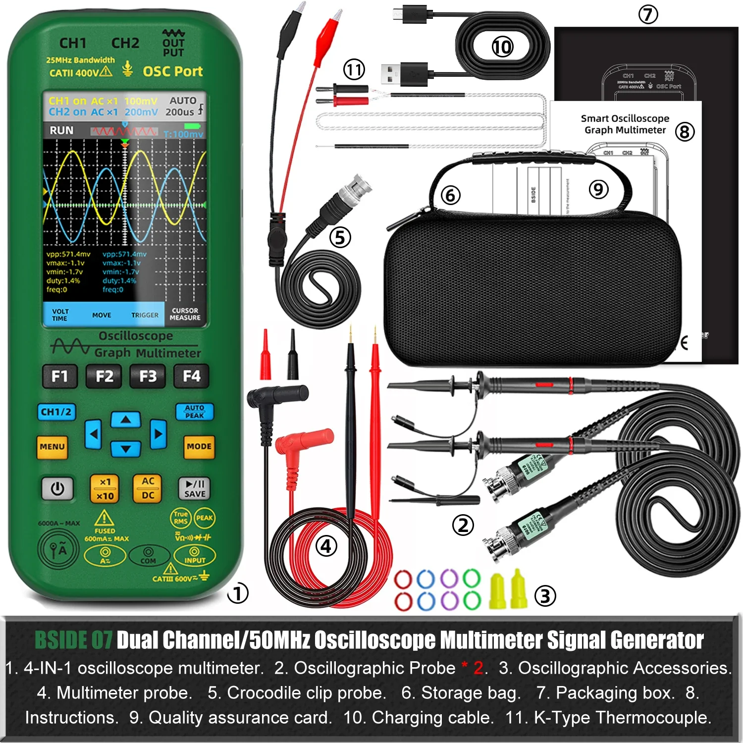 BSIDE 4-IN-1 Handheld Oscilloscope Digital Multimeter+Function Signal Generator Dual Channel O7:25MHz/O9:50MHz Current Tester - Image 8