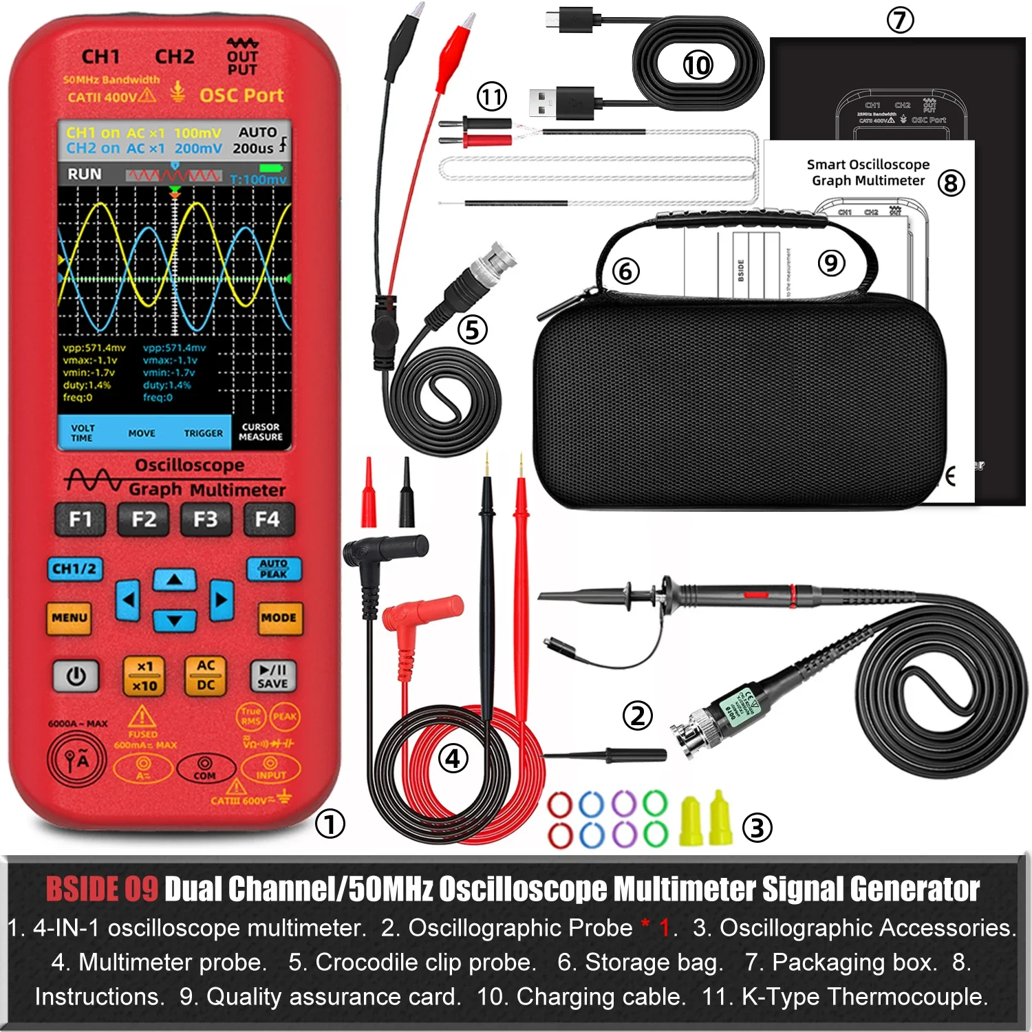 BSIDE 4-IN-1 Handheld Oscilloscope Digital Multimeter+Function Signal Generator Dual Channel O7:25MHz/O9:50MHz Current Tester - Image 9