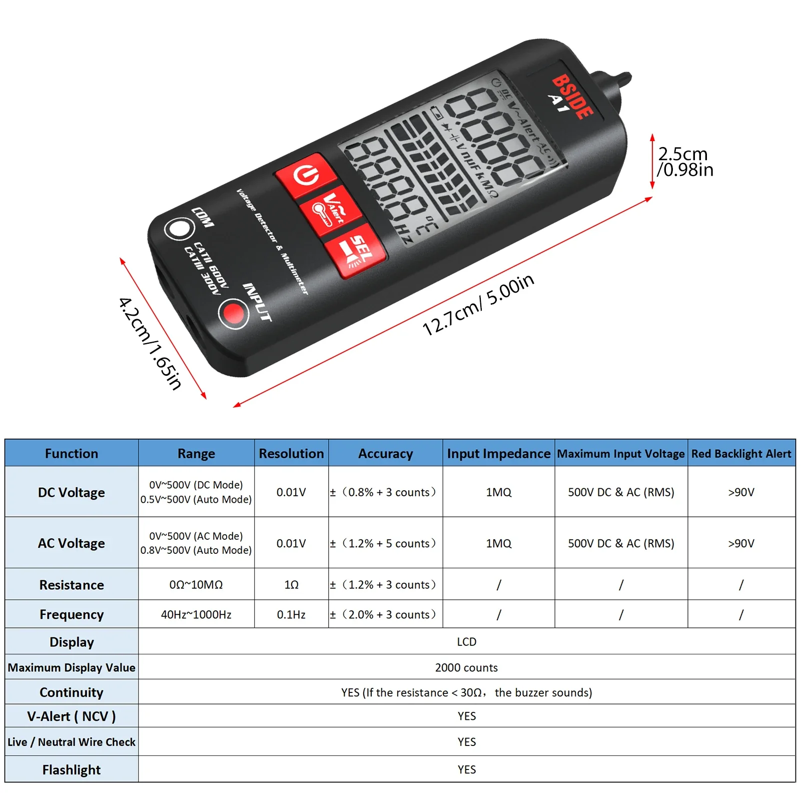 BSIDE A1 2000 Counts Multimeter LCD Digital Tester Voltage Detector DC/AC Voltage Frequency Resistance NCV True RMS Meter - Image 2