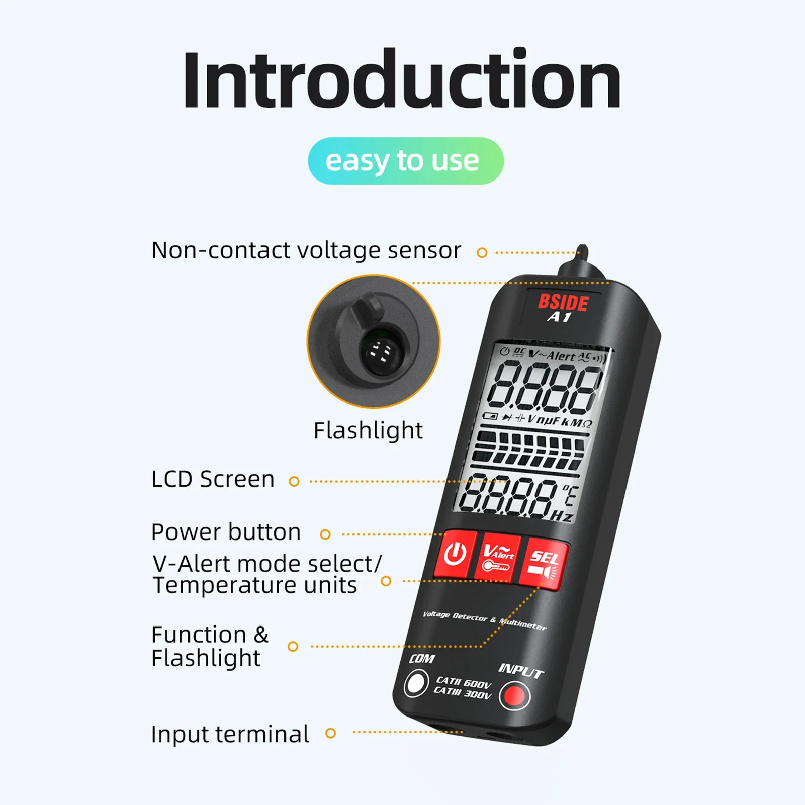 BSIDE A1 2000 Counts Multimeter LCD Digital Tester Voltage Detector DC/AC Voltage Frequency Resistance NCV True RMS Meter - Image 4