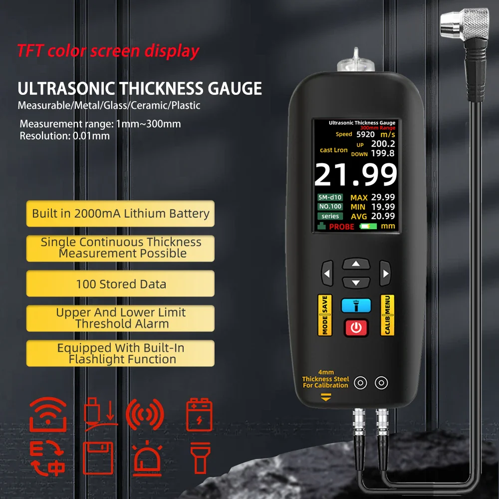 BSIDE Digital Ultrasonic Thickness Gauge High Precision Metallic ceramics composites Tester Meter 1-300mm 0.01mm Resolution - Image 3