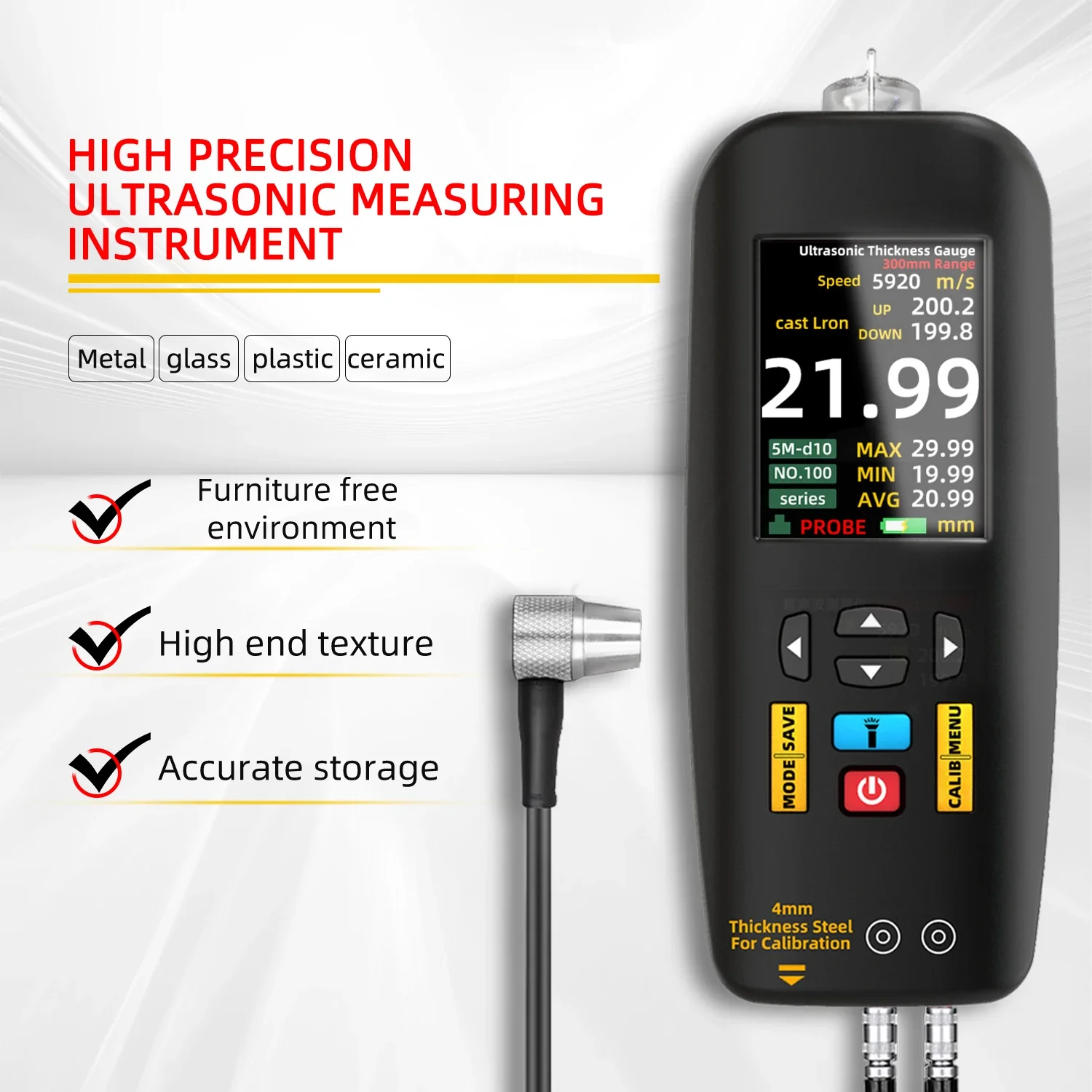 BSIDE Digital Ultrasonic Thickness Gauge High Precision Metallic ceramics composites Tester Meter 1-300mm 0.01mm Resolution - Image 4
