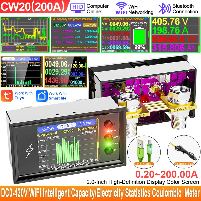 CW20 DC0-420V WiFi Tuya Smart Digital Lithium Battery Capacity Detection Tester DC Display  Voltage Current Power Coulomb Meter - Image 10