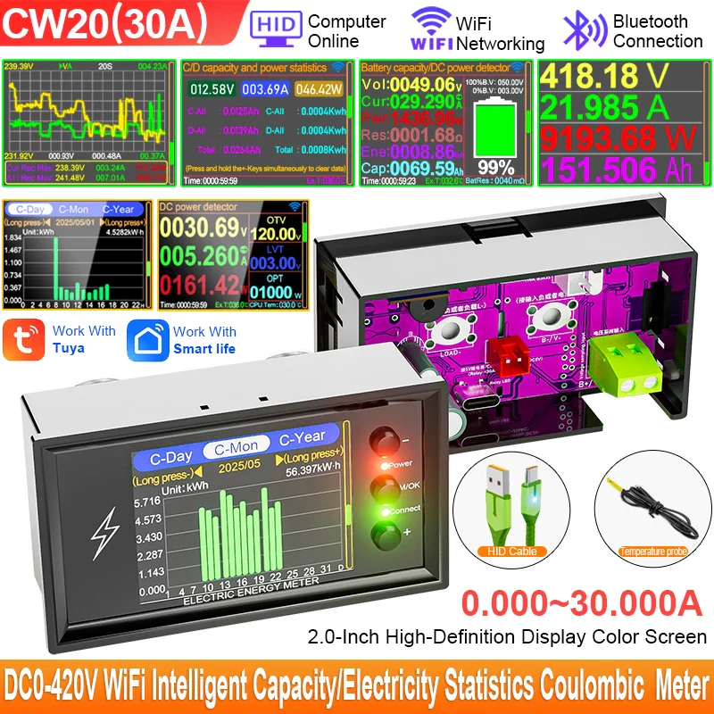 CW20 DC0-420V WiFi Tuya Smart Digital Lithium Battery Capacity Detection Tester DC Display  Voltage Current Power Coulomb Meter - Image 8