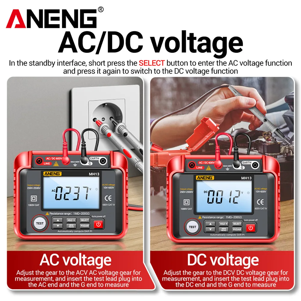 ANENG MH13 Digital Insulation Resistance Tester 2500V High Voltage Megohmmeter 200GΩ Megger Meter AC DC Voltage Tester for Cable Motor - Image 4