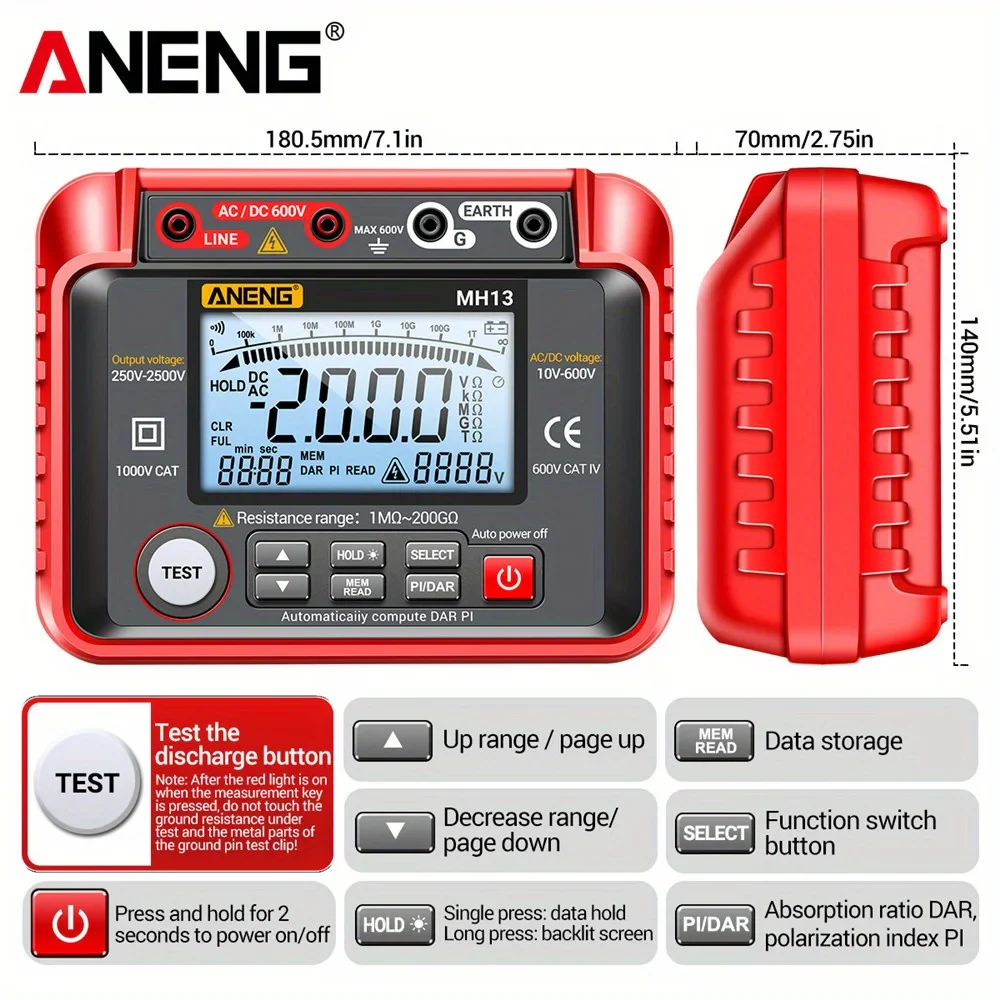 ANENG MH13 Digital Insulation Resistance Tester 2500V High Voltage Megohmmeter 200GΩ Megger Meter AC DC Voltage Tester for Cable Motor - Image 6