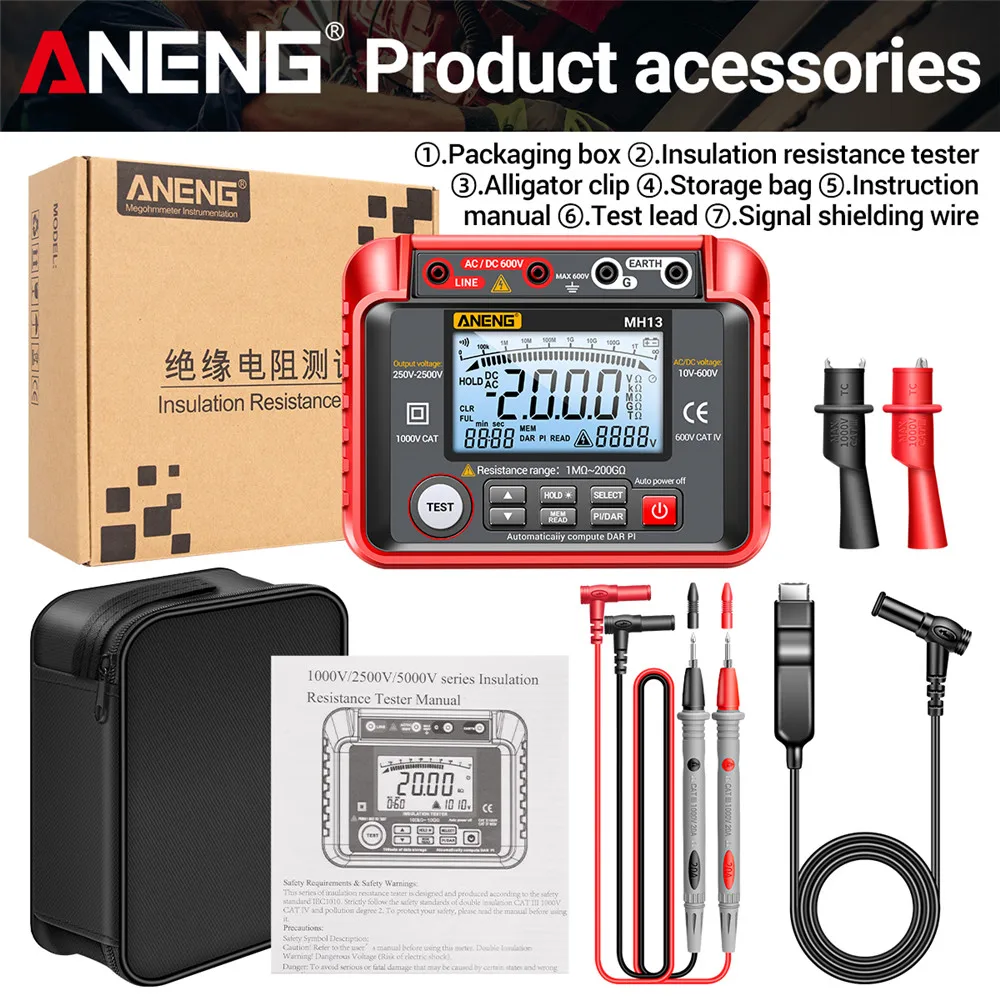 ANENG MH13 Digital Insulation Resistance Tester 2500V High Voltage Megohmmeter 200GΩ Megger Meter AC DC Voltage Tester for Cable Motor - Image 7