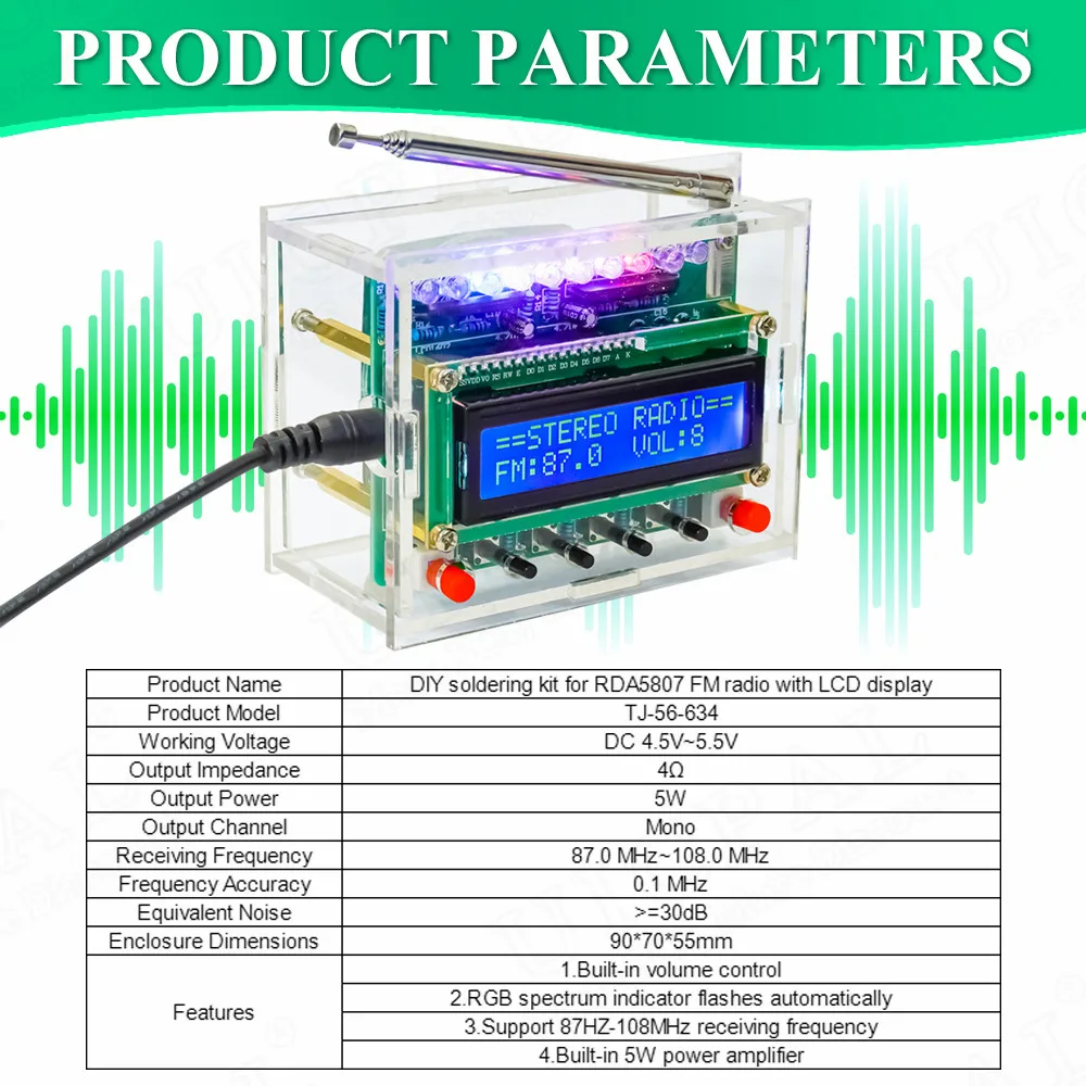 DIY FM Radio Electronic Kit Adjustable Frequency 87-108MHZ LCD1602 Display PCB Soldering Project Practice Solder RDA5807 - Image 2