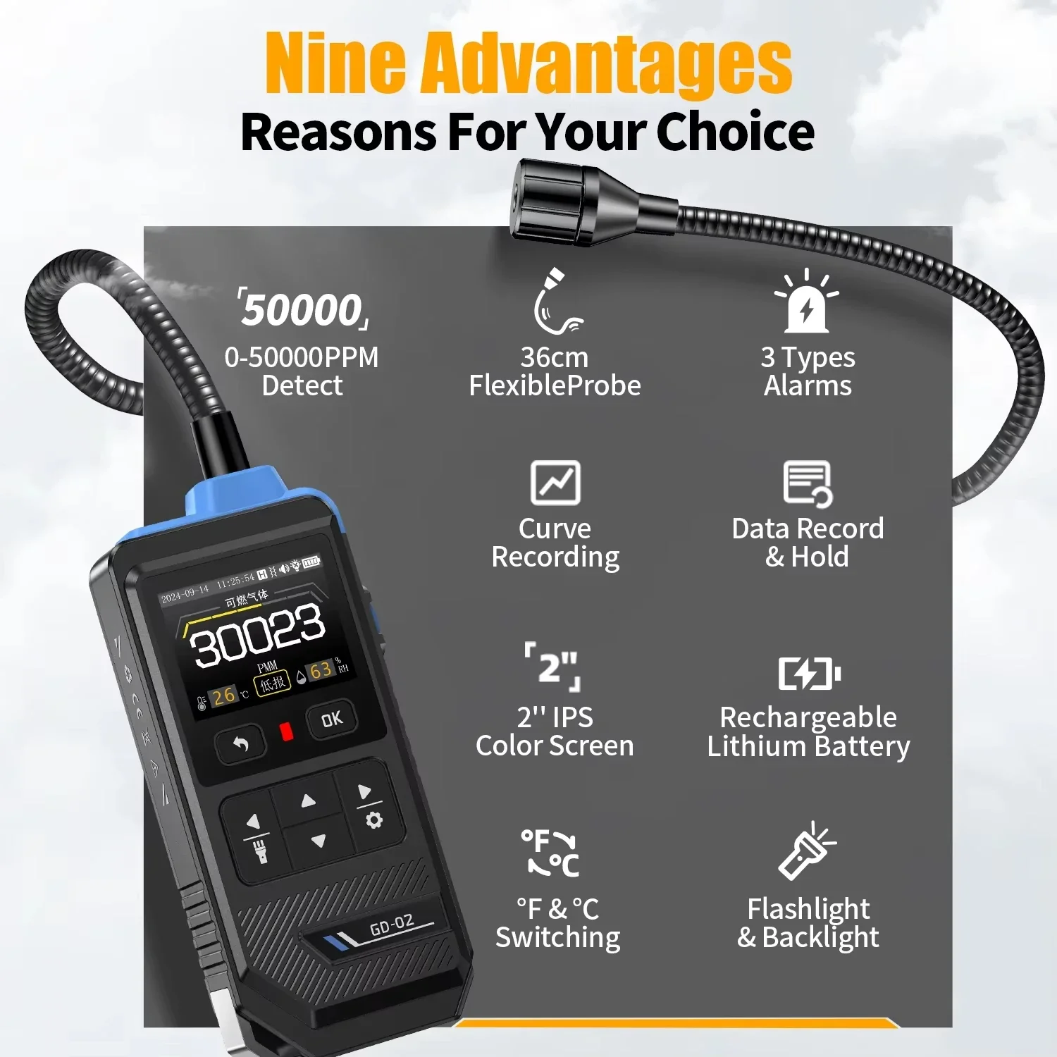 FNIRSI GD-02 Portable Gas Leak Detector 50000PPM Sound & Light Alarm Combustible Natural Methane LPG Leak Detectio Gas Detector - Image 4