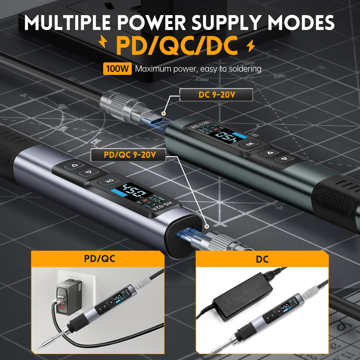 FNIRSI HS-02 Adjustable Temperature Soldering Iron DC 20V 100-450℃ Welding Solder Rework Station PD 100W Portable Repair Tool - Image 3