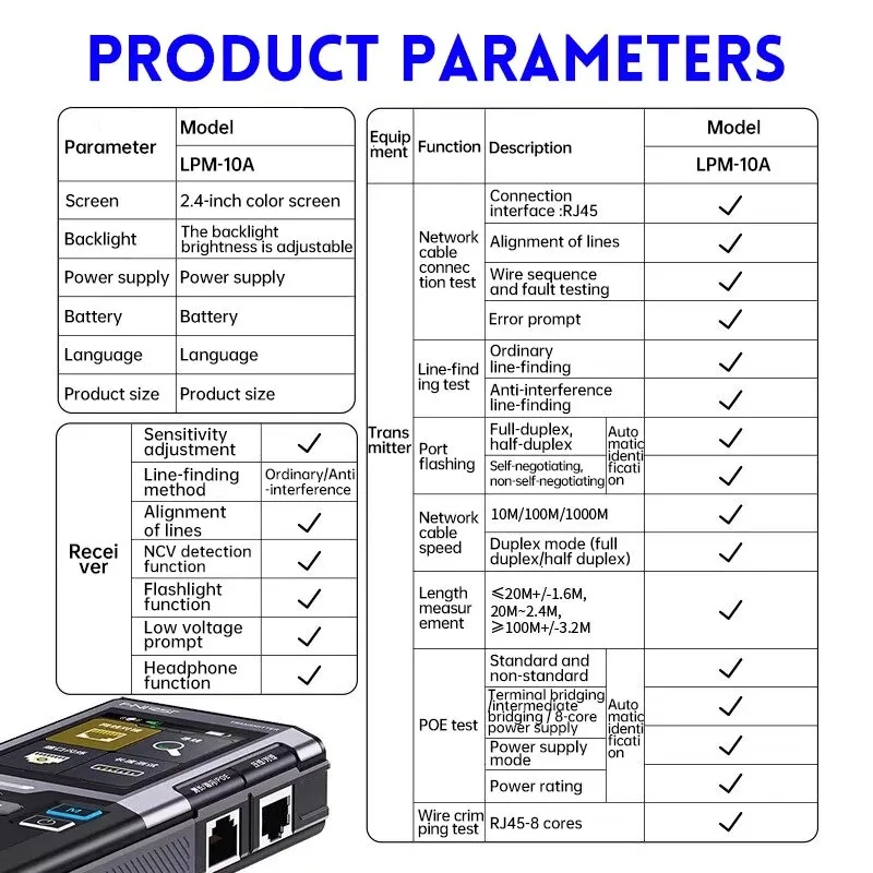 FNIRSI LPM-10A Network Cable Tester Anti-Interference Line Finder POE Test - Image 6