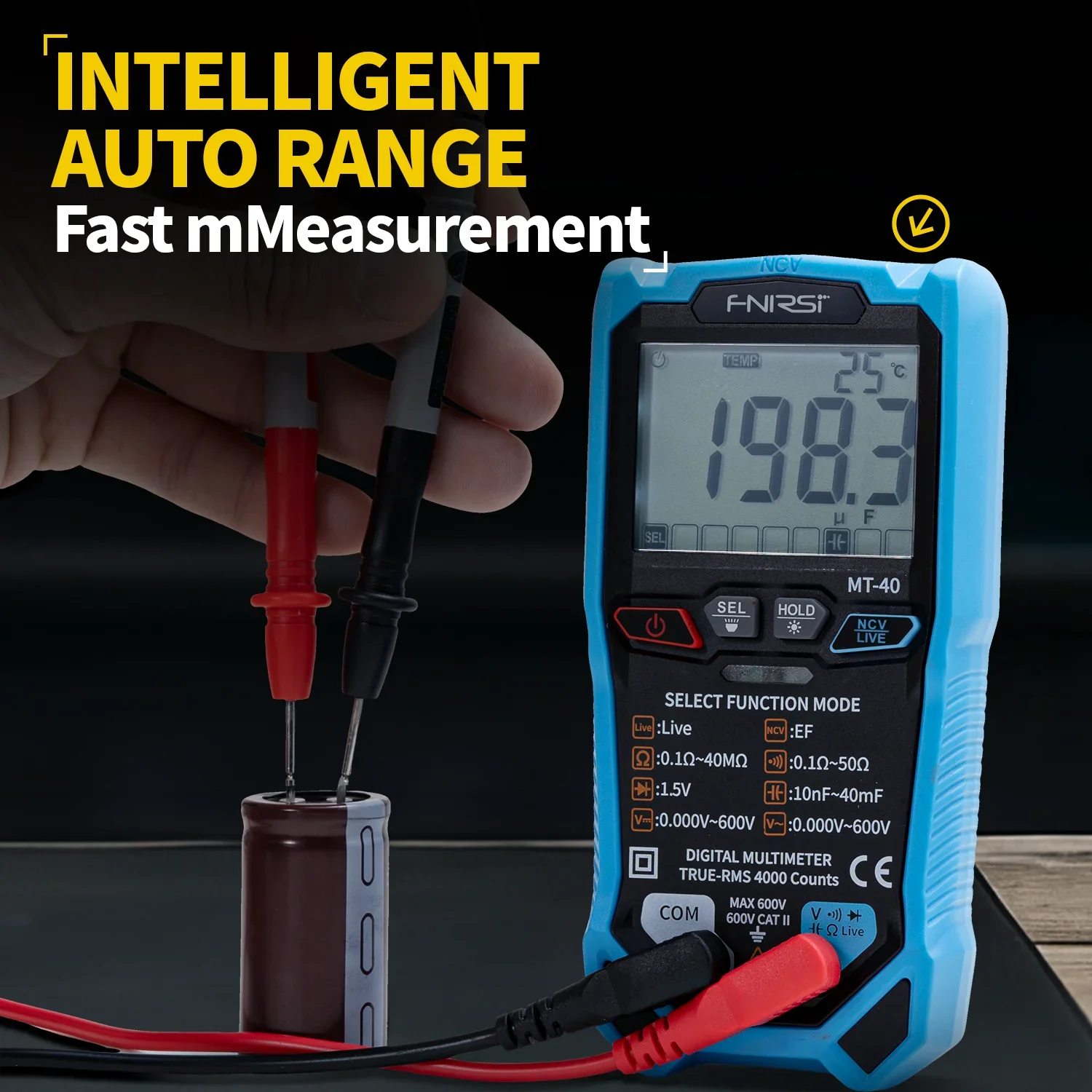 FNIRSI MT-40 Smart Digital Voltage and Current Meter 4000 Counts True RMS AC DC 600V Capacitance NCV Live Wire Test Auto Range - Image 2