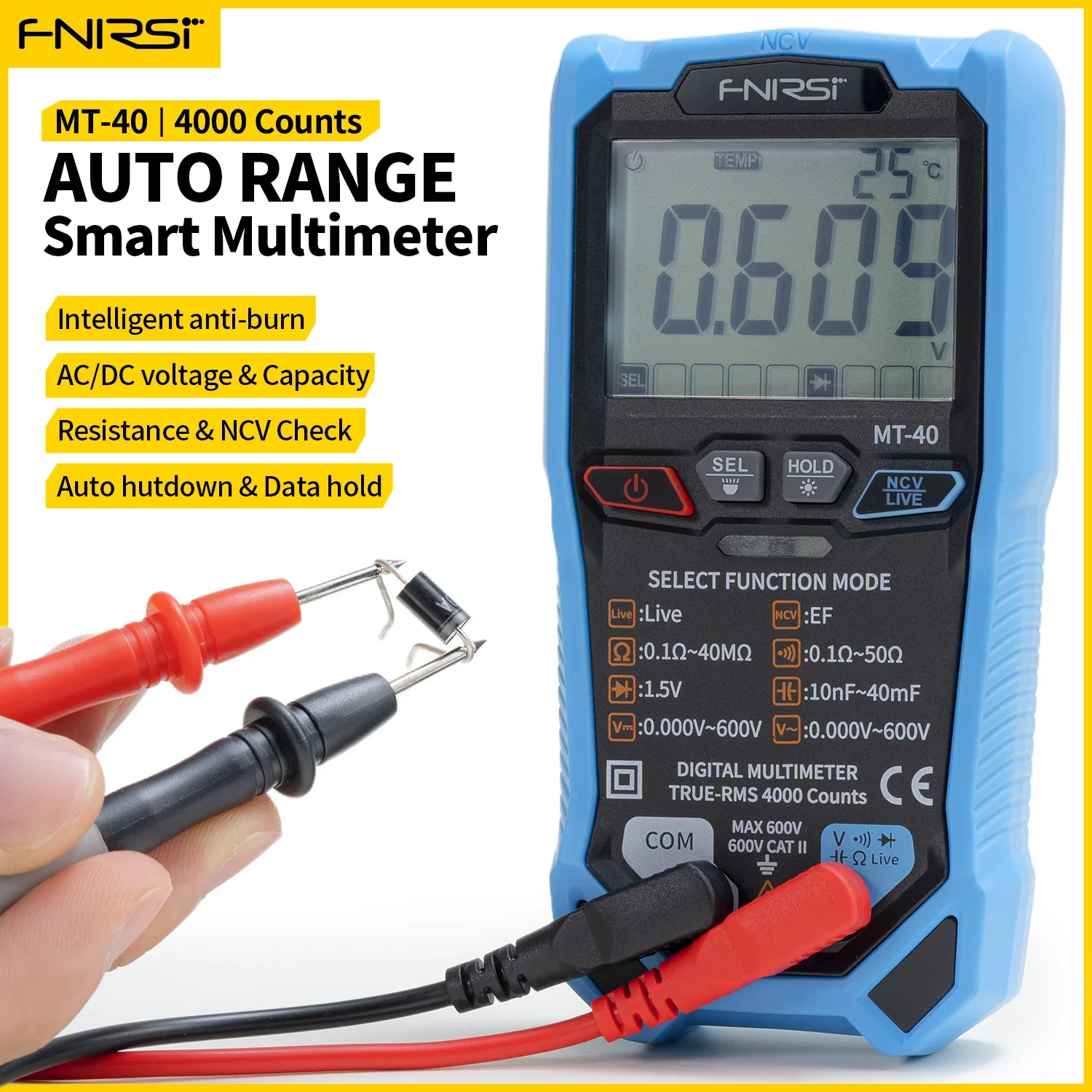 FNIRSI MT-40 Smart Digital Voltage and Current Meter 4000 Counts True RMS AC DC 600V Capacitance NCV Live Wire Test Auto Range - Image 7
