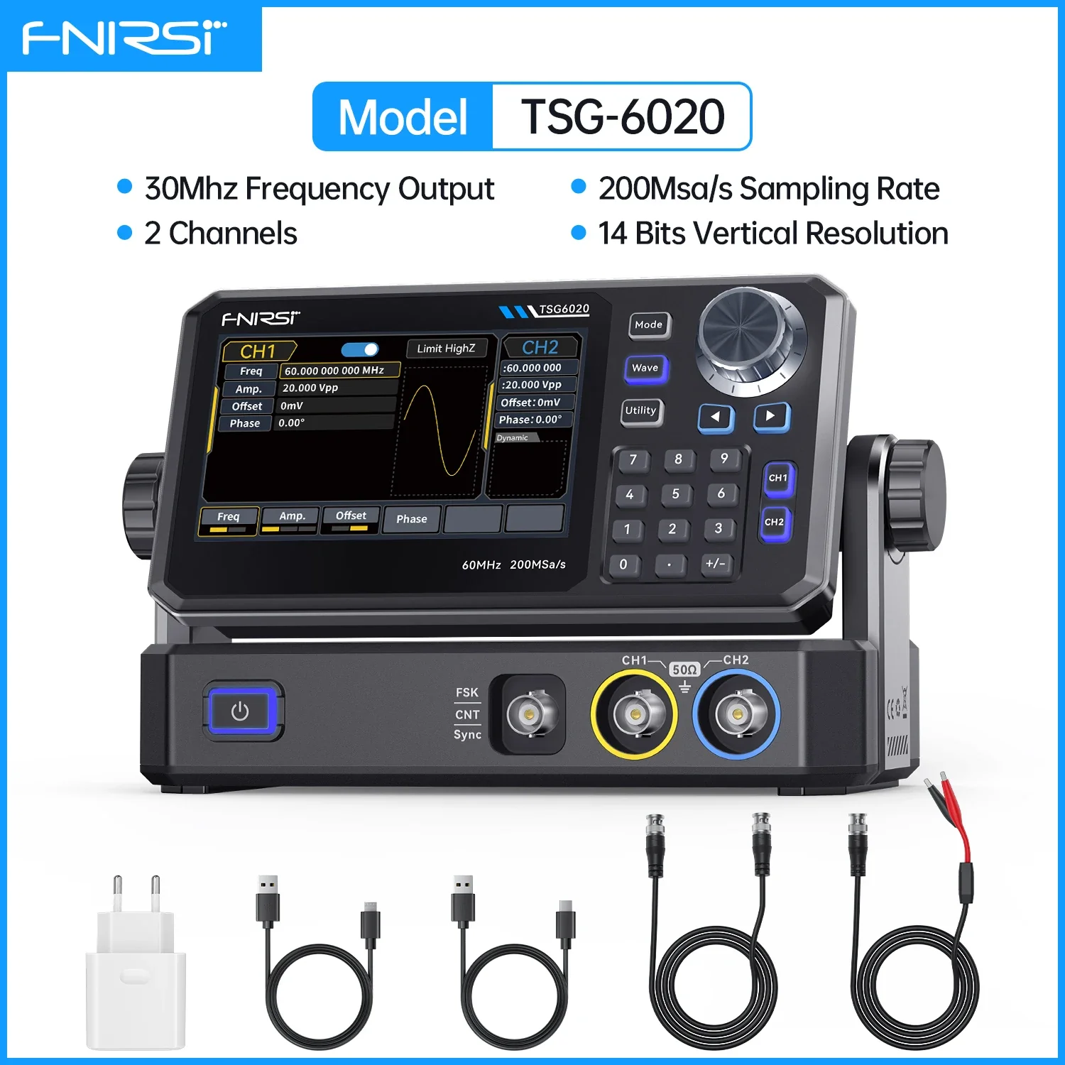 FNIRSI TSG6020 TSG3020 Function Signal Generator 2Ch 60MHz/30MHz 200MSa/s Touchscreen and Type-C Power for Electronics Repair - Image 8