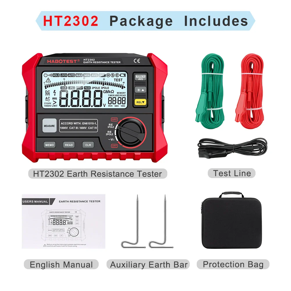 HABOTEST HT2302 Insulation Resistance Tester Earth Ground Resistance Tester Digital Megohmmeter Meter 100 Groups Data Storage - Image 7