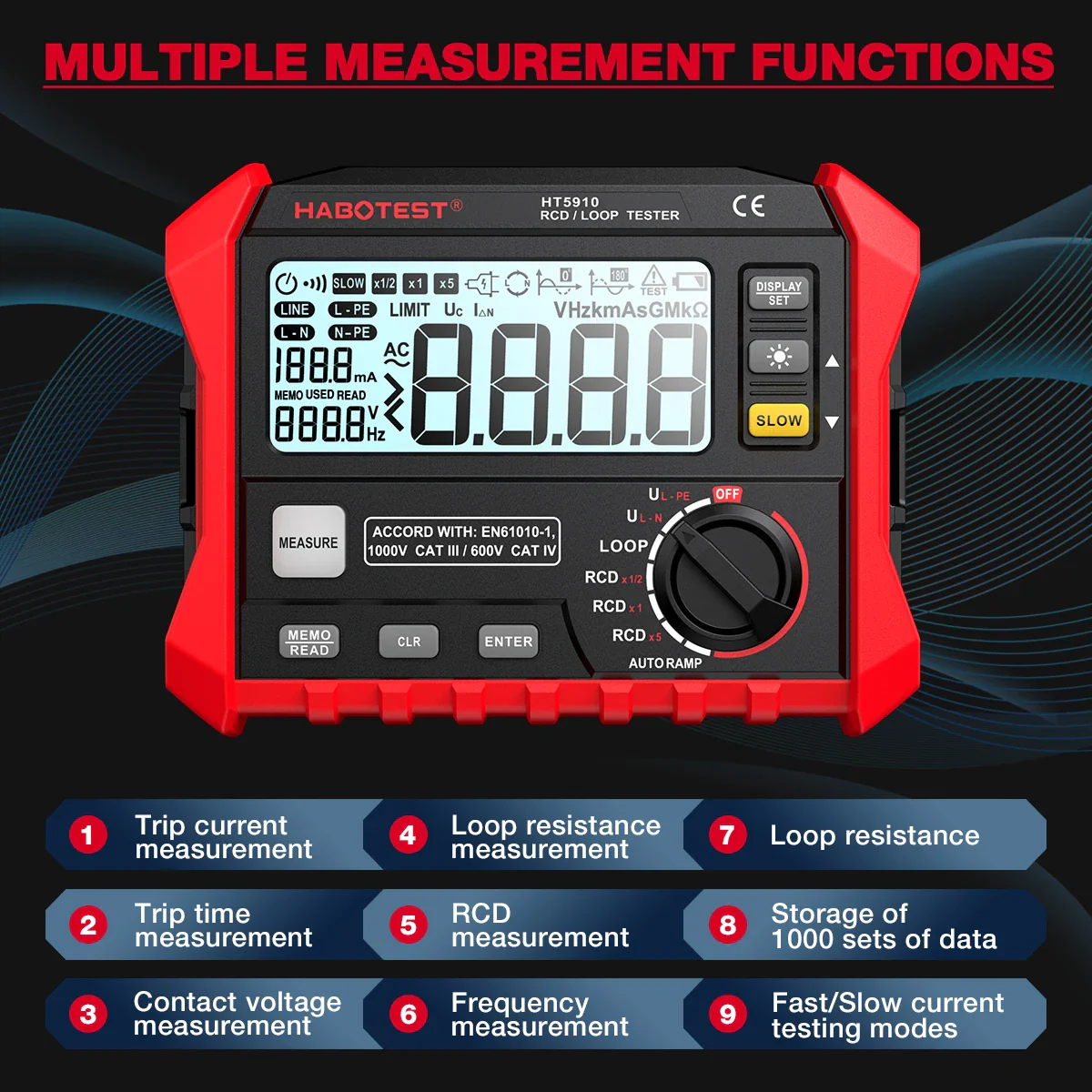 HABOTEST HT5910 Leakage Switch Tester LCD Digital Resistance Meter RCD/Loop Tester 1000 Data Storage Voltmeter Megohmmeter - Image 12
